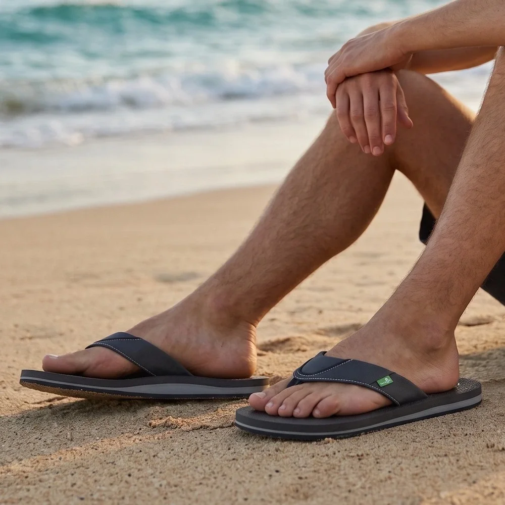 Sanuk Beer Cozy Mens Black Flip Flop Sandals Yoga Mat Footbed BLK Sz 12 NWT